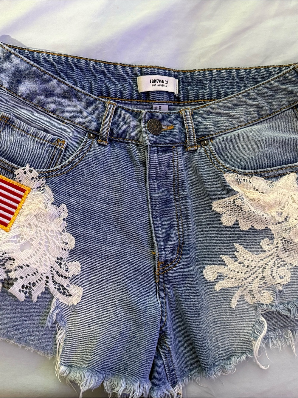 Blue Denim Shorts Cut offs Vintage Lace American Flag Patch 4th July